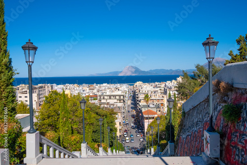View of the city of Patras and the Gulf of Corinth from a hill