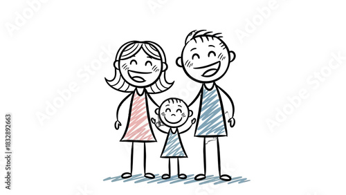 A simple, cheerful stick-figure drawing of a family of three, including a mother, father, and child, all smiling happily.