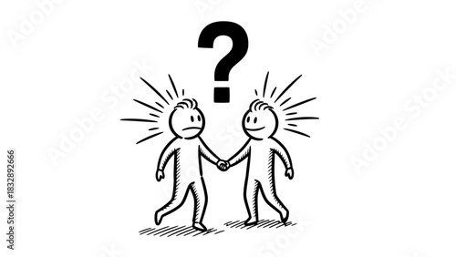 Two cartoon people holding hands with a question mark above their heads, symbolizing shared confusion or a problem.