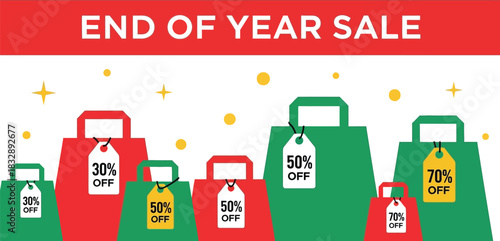 End of year sale with shopping bags isolated on white background