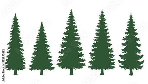 A set of five green evergreen pine or fir tree silhouettes isolated on a white background.
