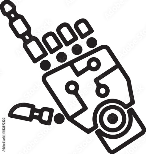 Stylized black silhouette of a robotic hand with circuit board elements isolated on transparent background