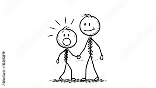 A stick figure is holding the hand of another stick figure who looks scared and surprised.