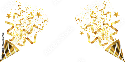 Golden confetti and party poppers isolated on a white background