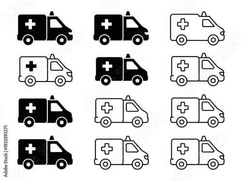 Collection of minimalist ambulance icons for medical services.