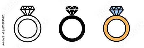Engagement ring icon simple outline of a ring with a prominent gemstone on top, symbolizing engagement or proposal, in a clean minimal style.