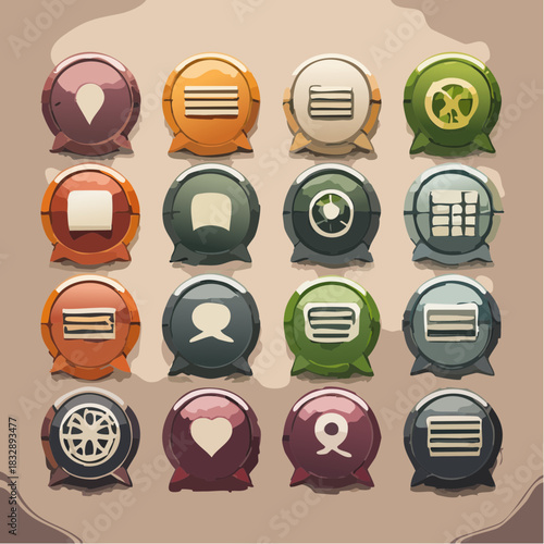 Set of whimsical wooden-style interface icons for game and app design