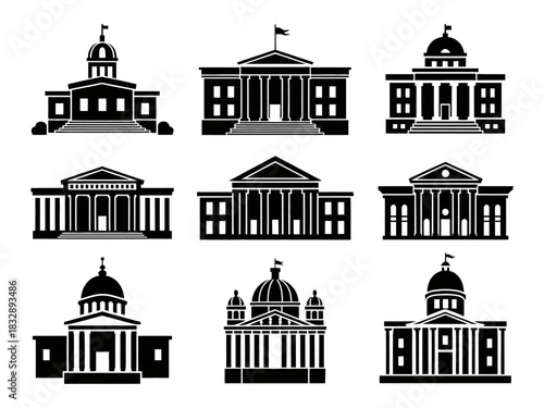 Nine detailed official and historic building silhouette icon set.
