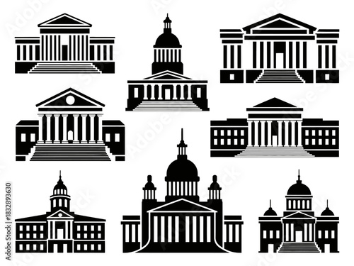 Vector icons of government and law buildings for legal design
