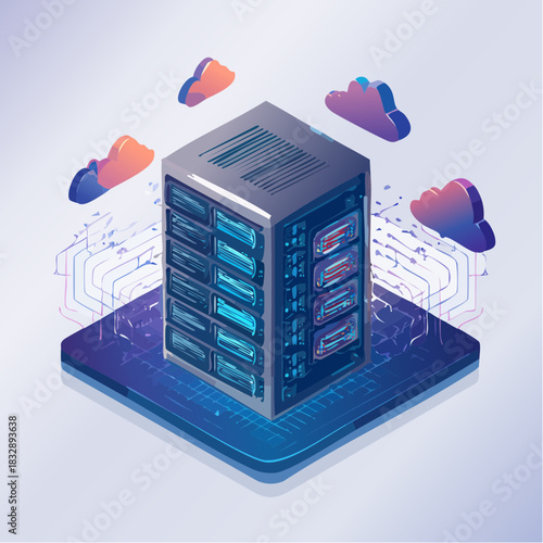 Isometric illustration of a futuristic server rack with floating clouds, symbolizing modern cloud computing, data storage, and network infrastructure for digital transformation