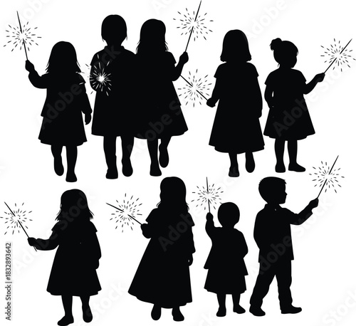 Children silhouettes holding sparklers with light bursts