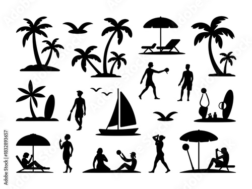 Vector silhouettes of people enjoying a tropical beach vacation.