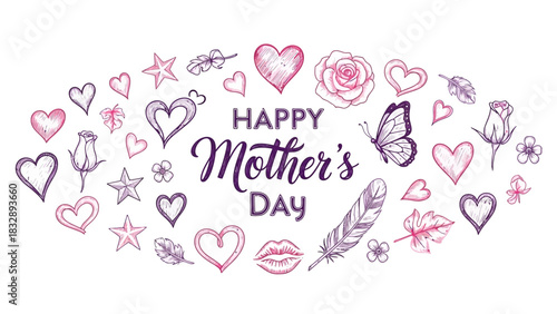 Mother's Day illustration with hearts, roses, butterflies, and feathers