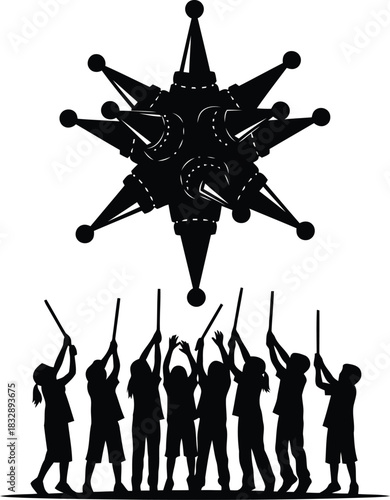 Children with sticks reaching for a piñata party