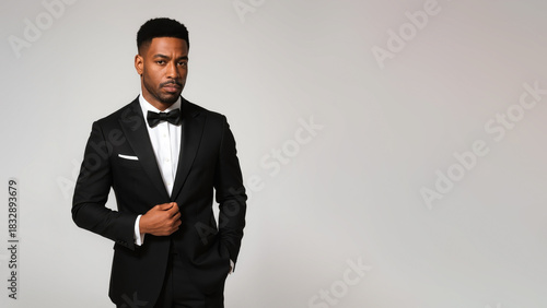 Dapper man in formal wear stands confidently in studio