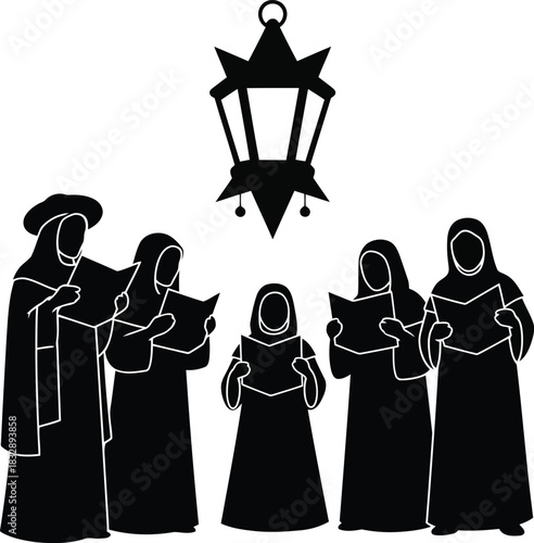 Islamic group singing under a decorative lantern chanting