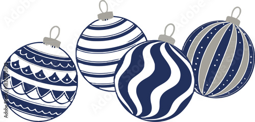 Decorative Christmas ball collection, hanging ornaments for seasonal winter and New Year themes in a clean vector illustration.