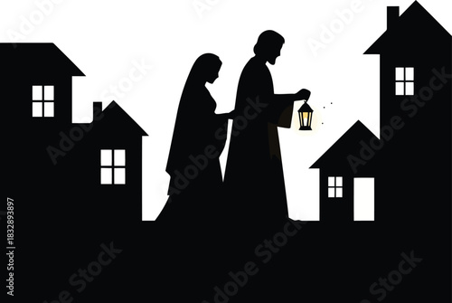 Silhouette of Mary and Joseph walking with a lantern past houses