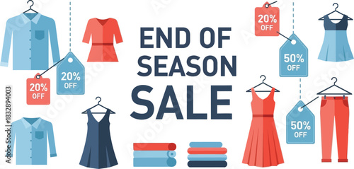 End of season sale advertisement with clothing isolated on white background