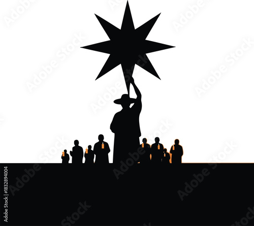 Silhouette of people holding candles beneath a large star