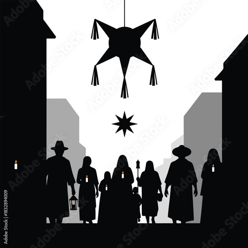 Silhouetted figures carrying candles and a lantern walk down a street under a piñata and star