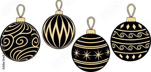 Hanging Christmas ornament set, shiny decorative balls for holiday and New Year vector illustration use.