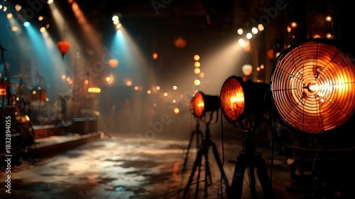 Stage spotlights illuminate a dark space, beams cutting through atmospheric haze