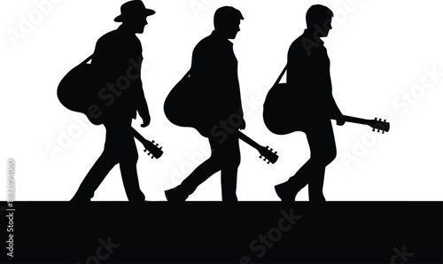 Three men silhouettes walking with guitars and bags