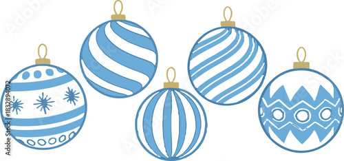 Hanging Christmas balls in various styles, classic New Year holiday decoration elements illustrated in high-quality vector format.