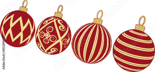 Festive Christmas ball set featuring colorful hanging ornaments, New Year holiday decoration vector for seasonal designs.