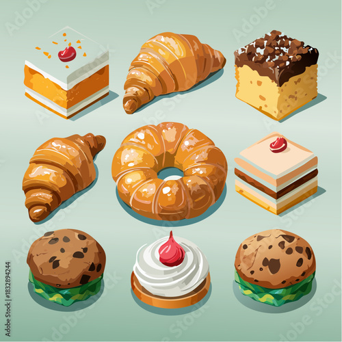 A vibrant collection of assorted baked goods, including croissants, cakes, and cookies, presented in a pleasing grid arrangement