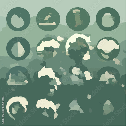 Creative collection of abstract circular icons and organic painterly shapes on a muted teal green background, modern artistic design