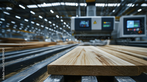 modern workshop with automated woodworking equipment displays polished wooden boards awaiting processing. Manufacture wood and wood processing