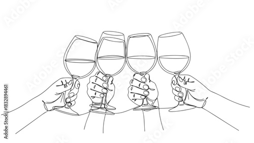 Continuous one line art drawing of four hands clinking wine glasses in a celebratory toast, depicting friendship and good times
