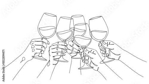 Cheers with wine glasses in a captivating continuous one line art illustration. Celebratory gathering with minimalist design