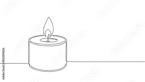 One continuous line art drawing of a lit candle with flame on white background, minimalistic and elegant