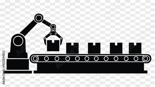 Robotic arm assembling packages on conveyor belt automated manufacturing process