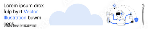Data storage, AI integration, smart devices, cloud infrastructure, automation, IoT solutions. A robotic figure interacting with devices in a cloud setting. Data storage and AI integration theme