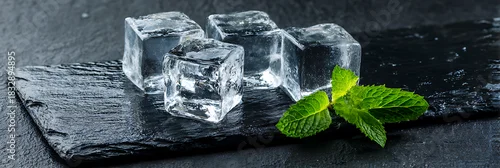 Panel kuchenny z motywem Crystal clear ice cubes and fresh green mint leaves on a black slate surface representing refreshment and cool summer drinks.