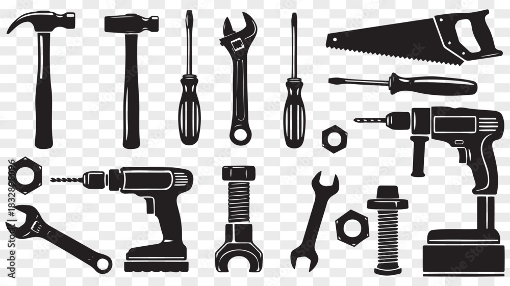 Obraz premium Set of black silhouette construction tools for repair work icons