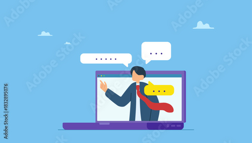 Businessman talking on computer laptop online interview. Online video interview, meeting discussion or teaching e-learning, job interview or employment, talk or chat with colleague, conference call.