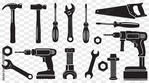 Set of black silhouette construction tools for repair work icons