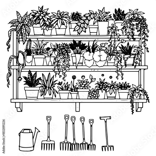 Simple black-line illustration of wooden shelves packed tightly with a variety of lush houseplants of different shapes and sizes, including tall and slender plants, rounded succulents, and trailing vi