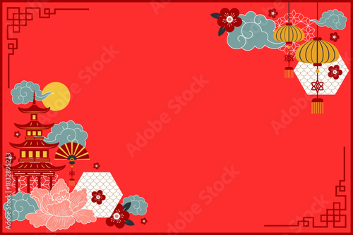 Festive red Chinese New Year background with pagoda, lanterns, and clouds — perfect for holiday cards or invitations.
