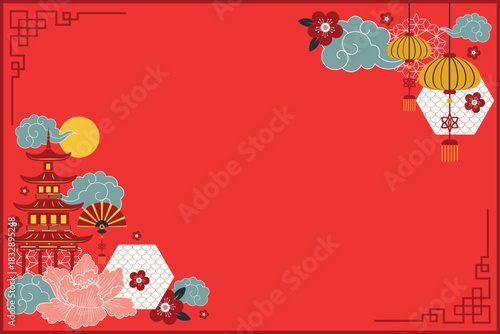 Festive red Chinese New Year background with pagoda, lanterns, and clouds — perfect for holiday cards or invitations.