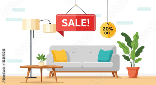 Living room furniture sale with 20% off discount offer vector