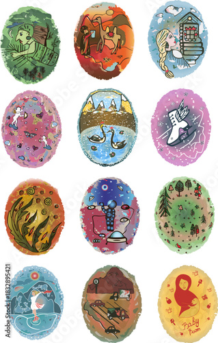 Watercolors fairytales: miniatures on various themes for decorating New Year's toys, cards, and posters
