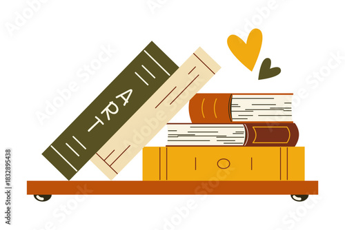 Cozy book stack on a bookshelf with love. Vector illustration