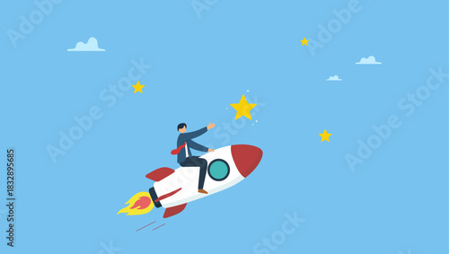 Businessman riding fast rocket to reach success star. Success achievement, boost growth development to reach target, leadership to win business challenge, startup, entrepreneur or ambition to win.