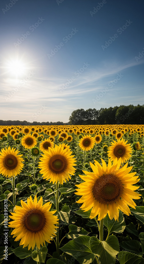 Fototapeta premium Bright sunflower field under clear blue sky.